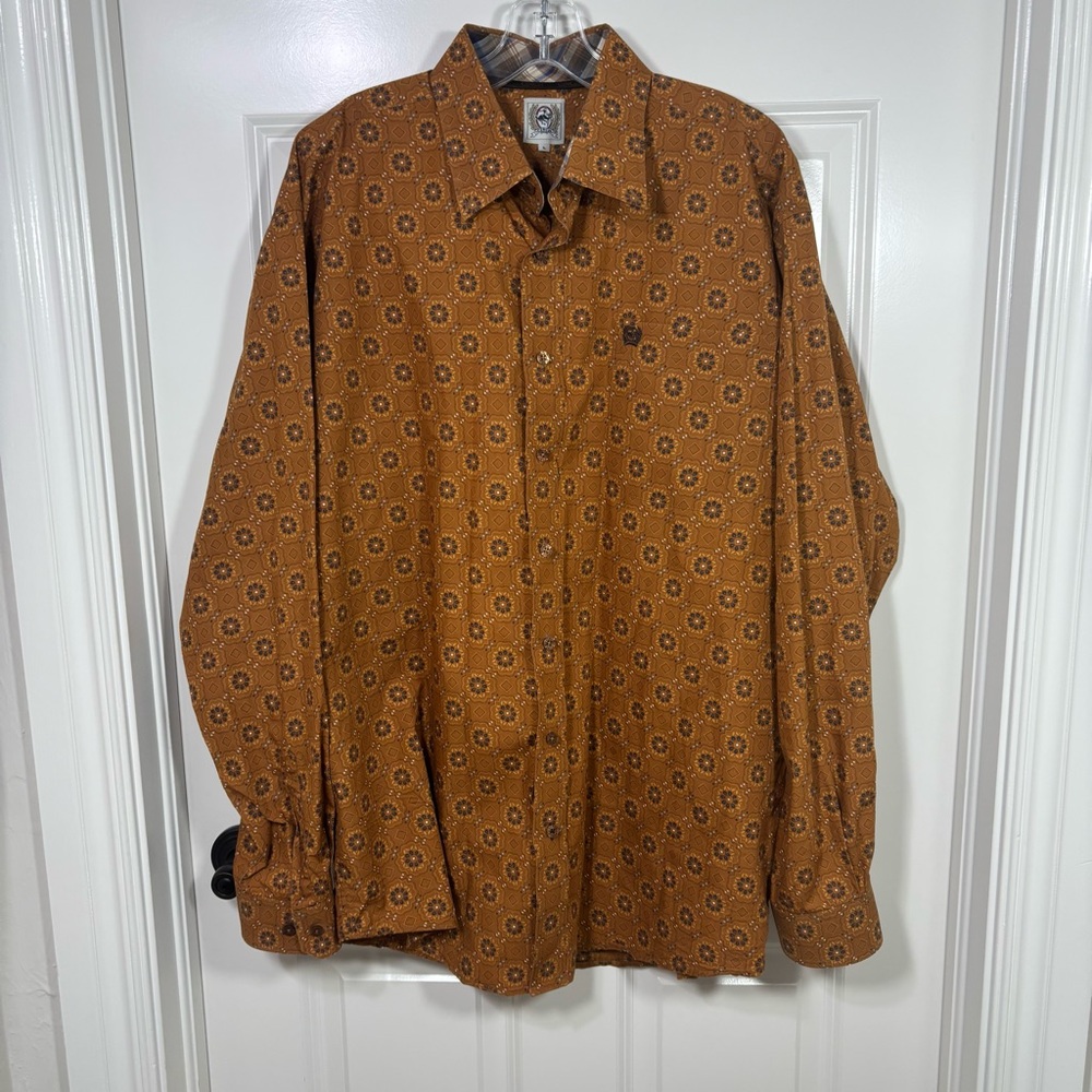 Cinch Long Sleeve Button Down Cotton Shirt Men’s L Brown Blue Western